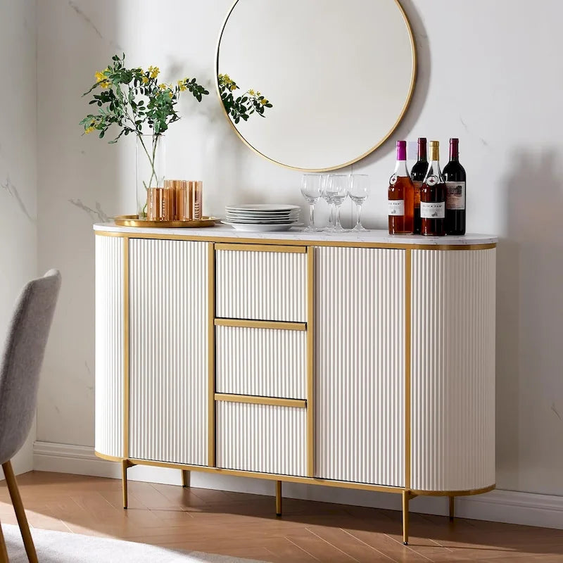 54" Modern Fluted Buffet Cabinet with Faux Marble Top