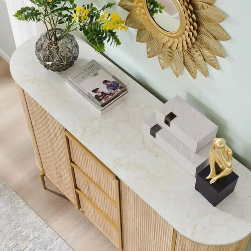 54" Modern Fluted Buffet Cabinet with Faux Marble Top