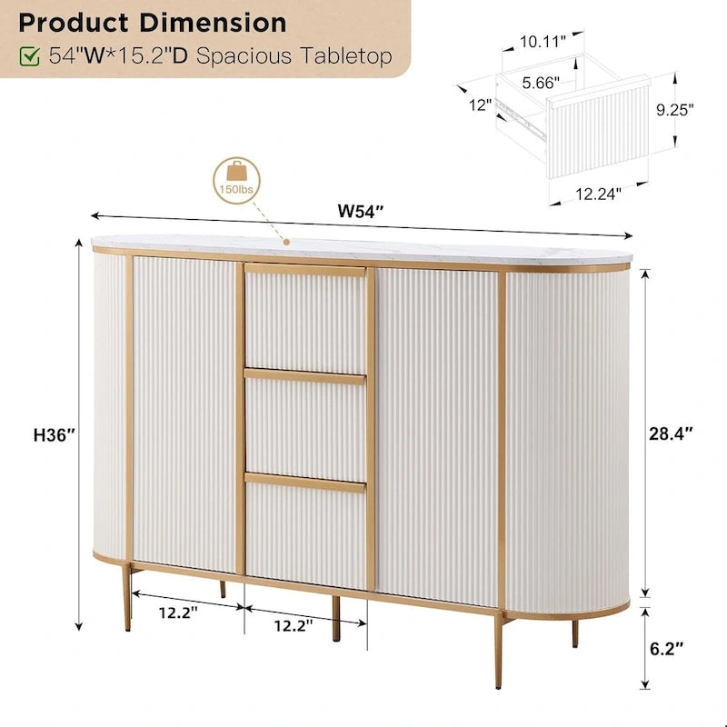 54" Modern Fluted Buffet Cabinet with Faux Marble Top