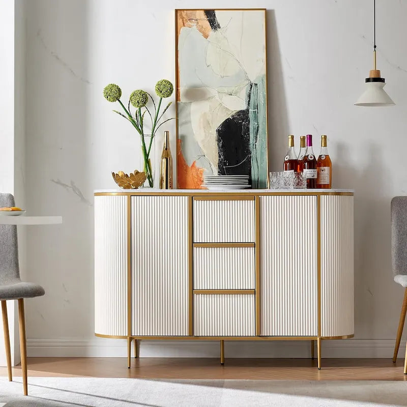 54" Modern Fluted Buffet Cabinet with Faux Marble Top