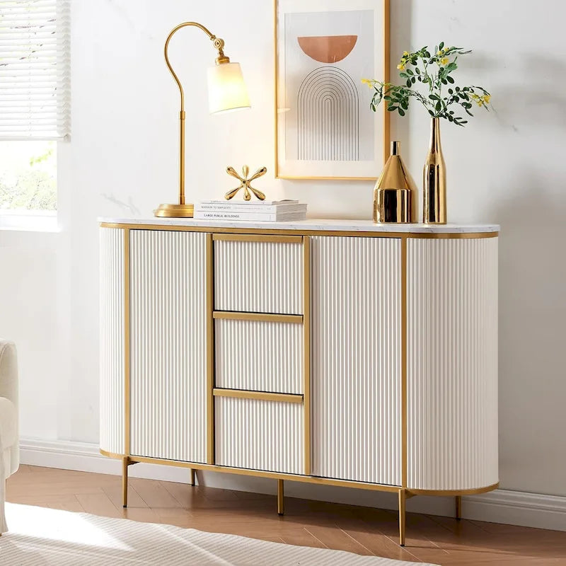 54" Modern Fluted Buffet Cabinet with Faux Marble Top