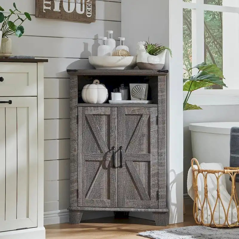 Farmhouse Corner Bathroom Cabinet, Small Corner Cabinet with Barn Door - N/A