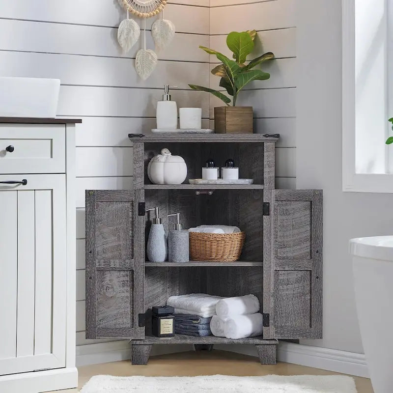 Farmhouse Corner Bathroom Cabinet, Small Corner Cabinet with Barn Door - N/A