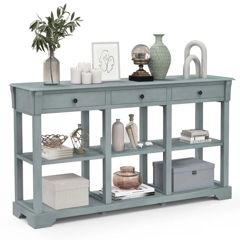 58" Retro Console Sofa Table with 3 Drawers and 2-Tier Open Shelf