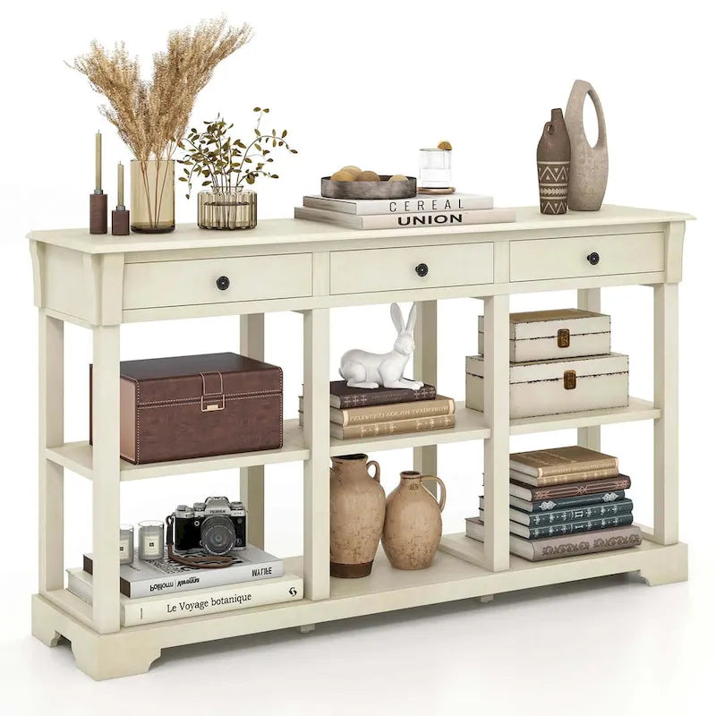 58" Retro Console Sofa Table with 3 Drawers and 2-Tier Open Shelf