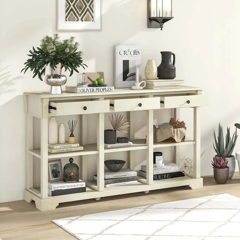 58" Retro Console Sofa Table with 3 Drawers and 2-Tier Open Shelf