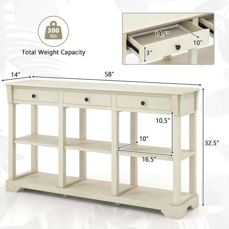 58" Retro Console Sofa Table with 3 Drawers and 2-Tier Open Shelf