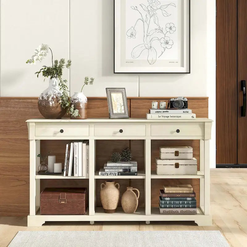 58" Retro Console Sofa Table with 3 Drawers and 2-Tier Open Shelf