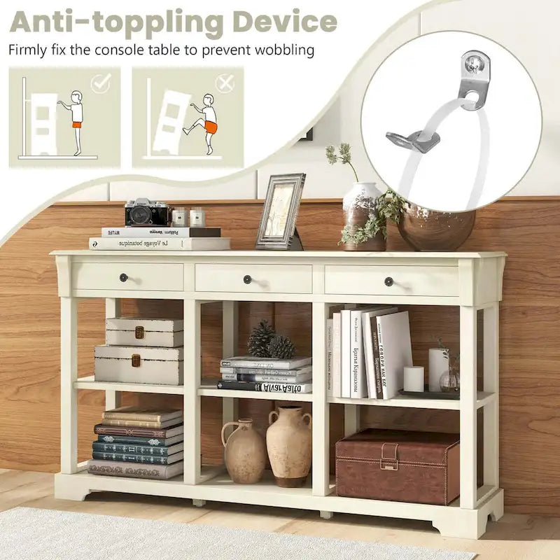 58" Retro Console Sofa Table with 3 Drawers and 2-Tier Open Shelf