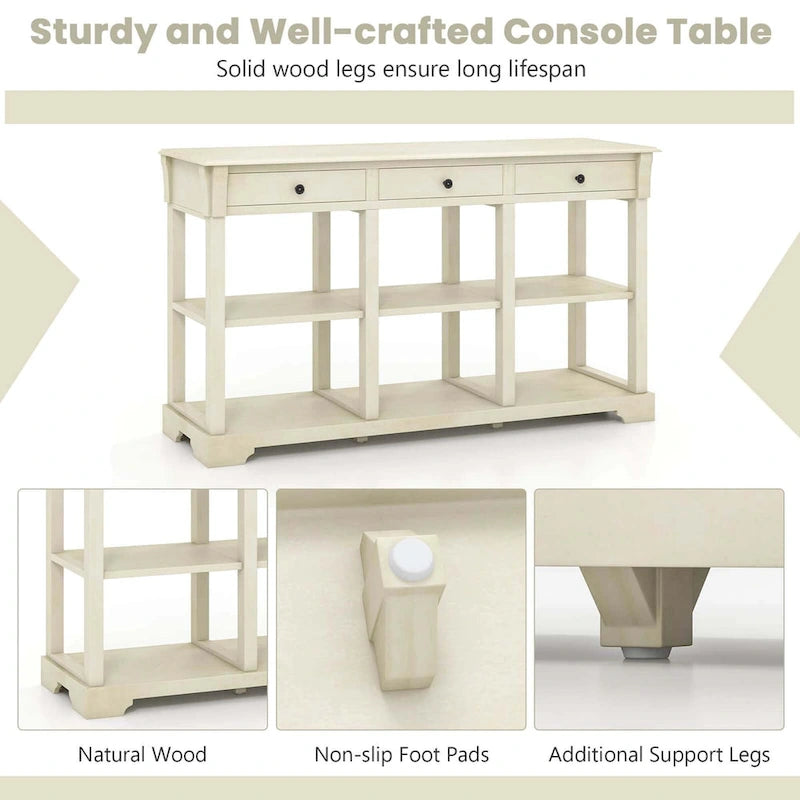 58" Retro Console Sofa Table with 3 Drawers and 2-Tier Open Shelf