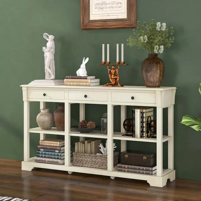58" Retro Console Sofa Table with 3 Drawers and 2-Tier Open Shelf