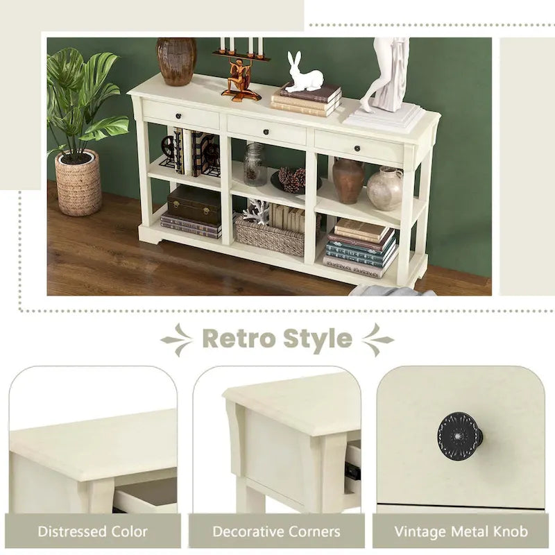 58" Retro Console Sofa Table with 3 Drawers and 2-Tier Open Shelf