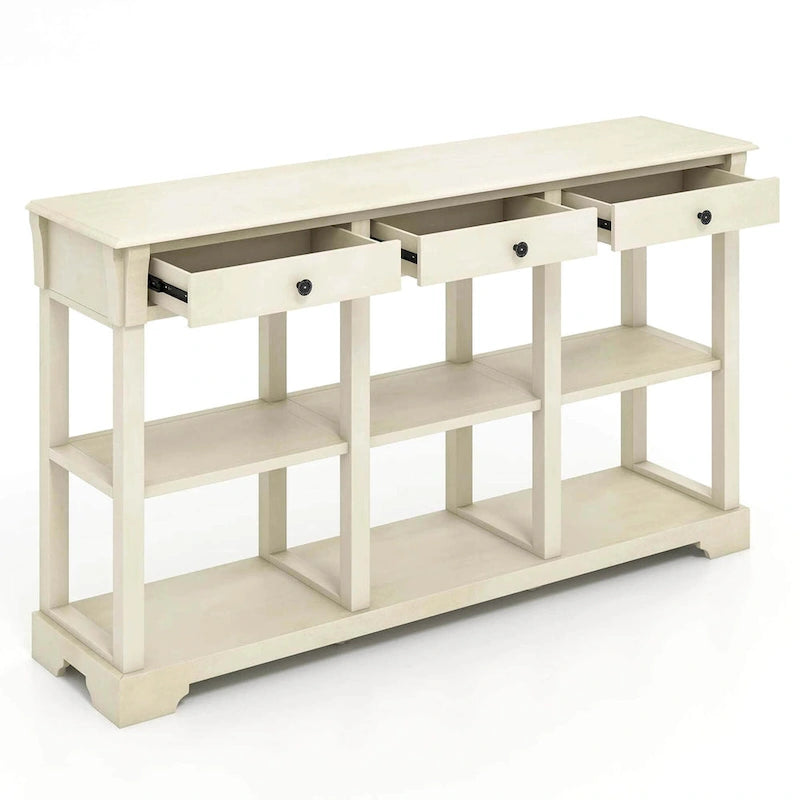 58" Retro Console Sofa Table with 3 Drawers and 2-Tier Open Shelf