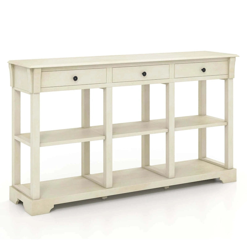 58" Retro Console Sofa Table with 3 Drawers and 2-Tier Open Shelf