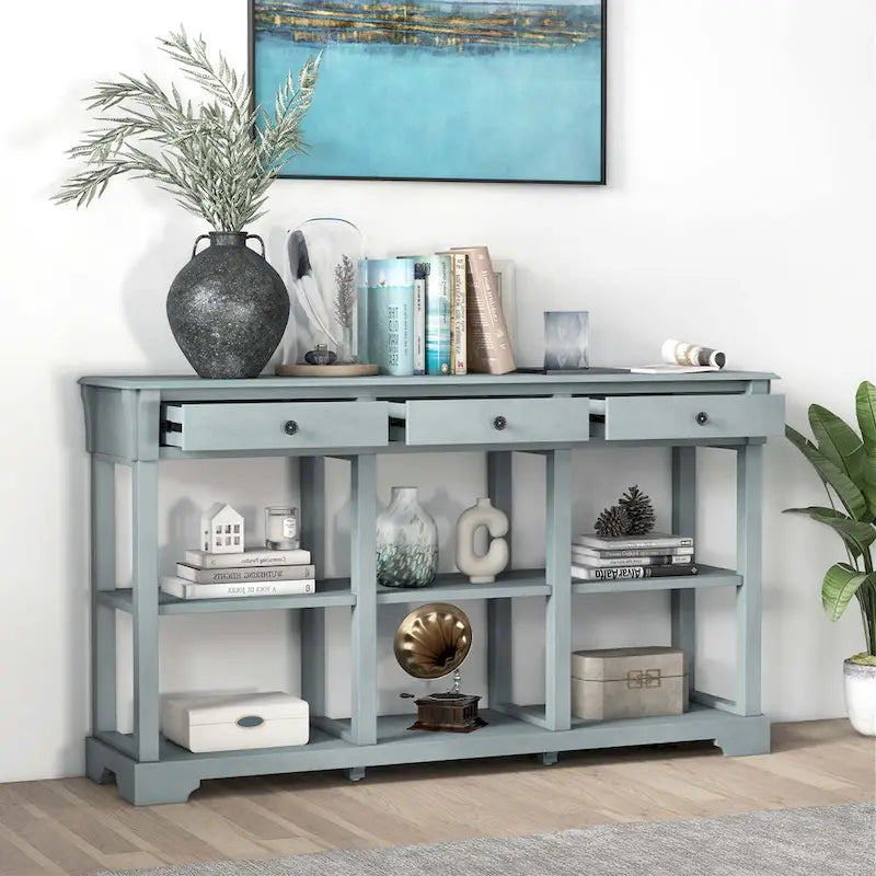 58" Retro Console Sofa Table with 3 Drawers and 2-Tier Open Shelf