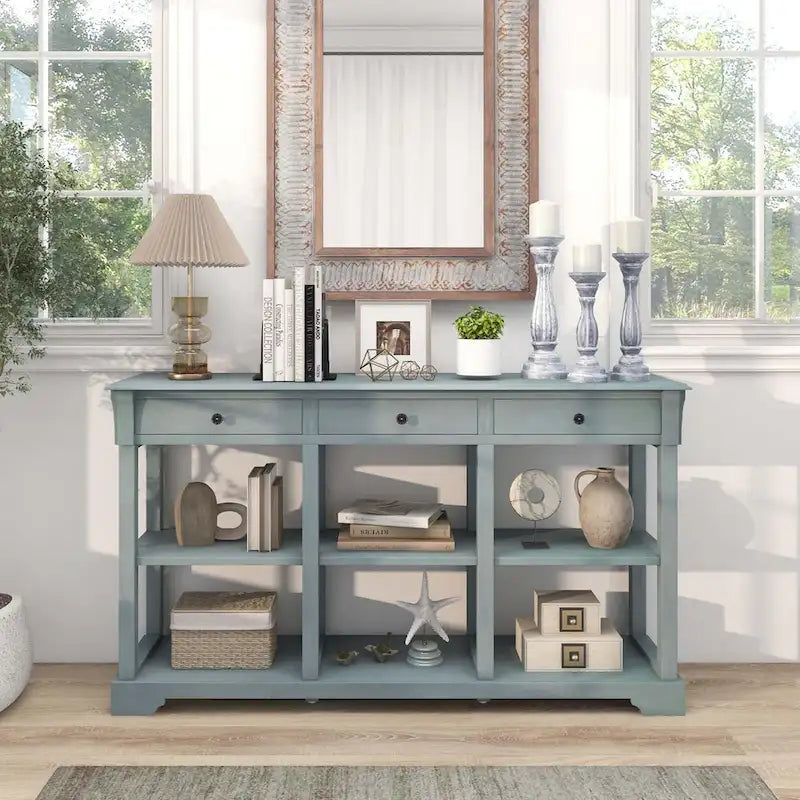 58" Retro Console Sofa Table with 3 Drawers and 2-Tier Open Shelf