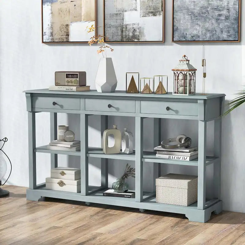 58" Retro Console Sofa Table with 3 Drawers and 2-Tier Open Shelf