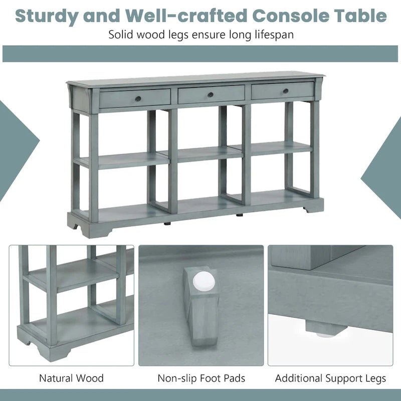58" Retro Console Sofa Table with 3 Drawers and 2-Tier Open Shelf