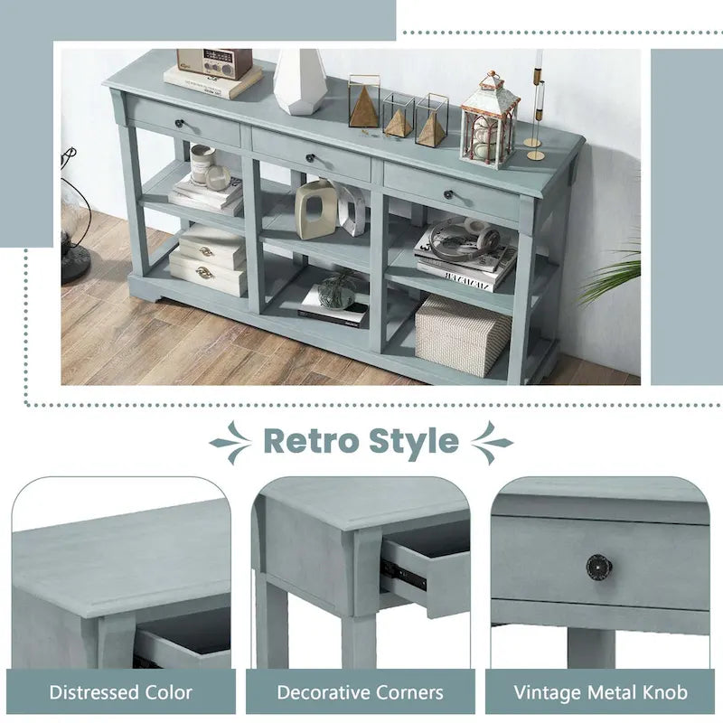 58" Retro Console Sofa Table with 3 Drawers and 2-Tier Open Shelf