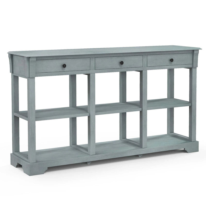 58" Retro Console Sofa Table with 3 Drawers and 2-Tier Open Shelf
