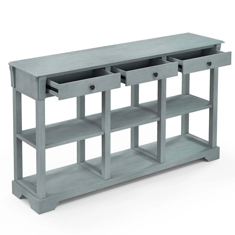 58" Retro Console Sofa Table with 3 Drawers and 2-Tier Open Shelf