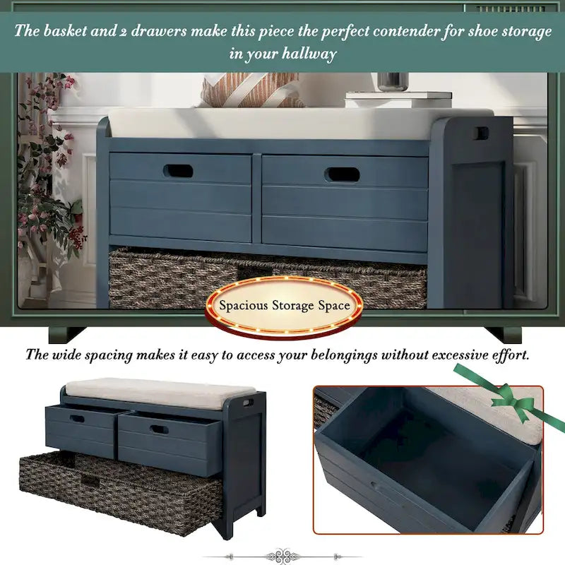 Fully Assembled Shoe Bench with Removable Cushion