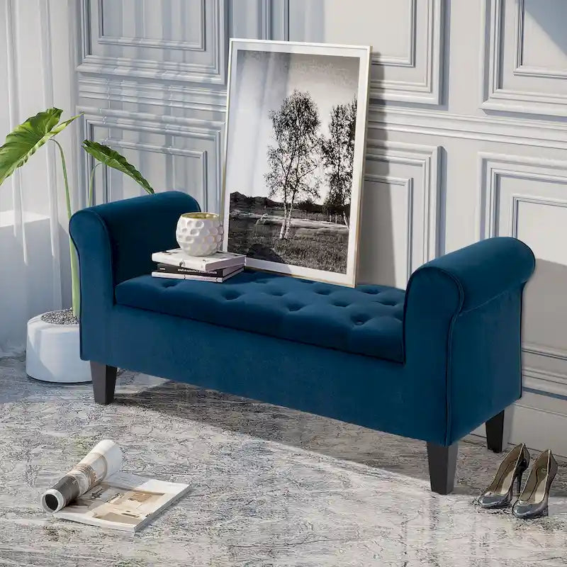 Button-Tufted Storage Ottoman Bench with Rolled Armrests