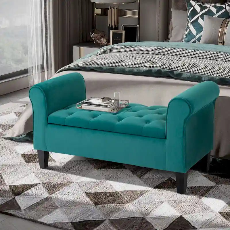 Button-Tufted Storage Ottoman Bench with Rolled Armrests