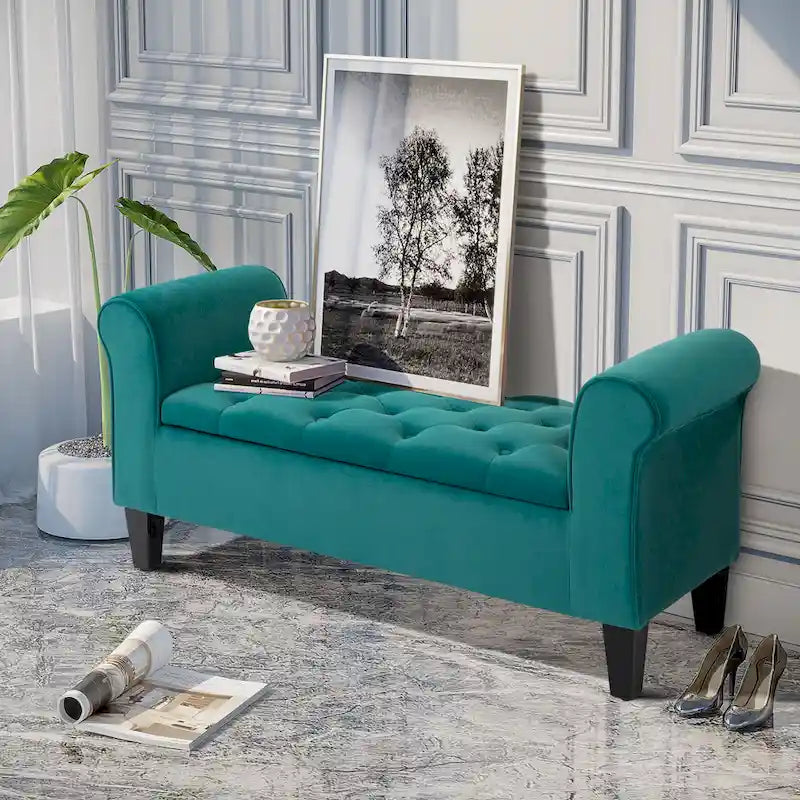Button-Tufted Storage Ottoman Bench with Rolled Armrests