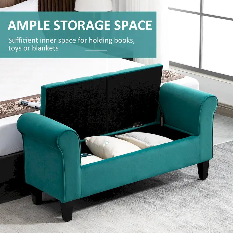 Button-Tufted Storage Ottoman Bench with Rolled Armrests
