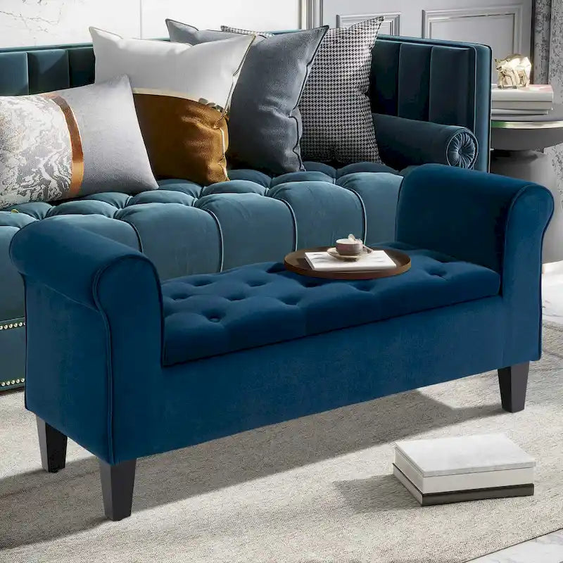 Button-Tufted Storage Ottoman Bench with Rolled Armrests