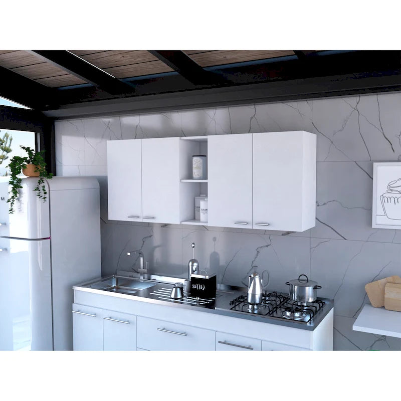 Wall Cabinet with 2 Double Doors, Dish Rack, 2 Open Shelves, and 2 Inner Shelves