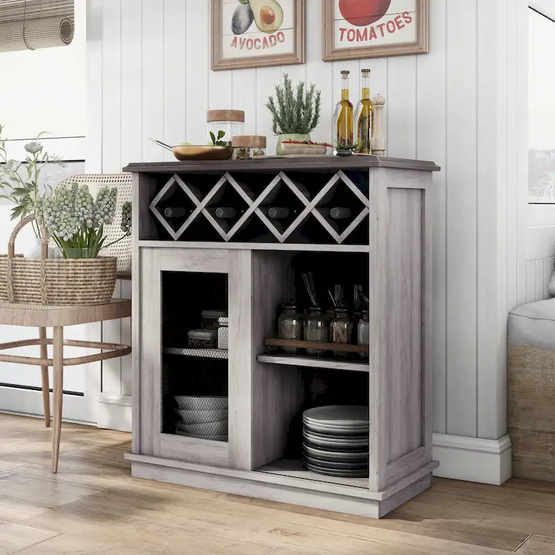 Farmhouse Four Shelf and Four Bottle Lattice-like Wine Buffet