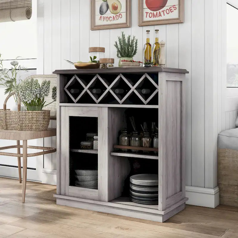 Farmhouse Four Shelf and Four Bottle Lattice-like Wine Buffet