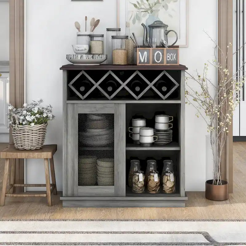 Farmhouse Four Shelf and Four Bottle Lattice-like Wine Buffet