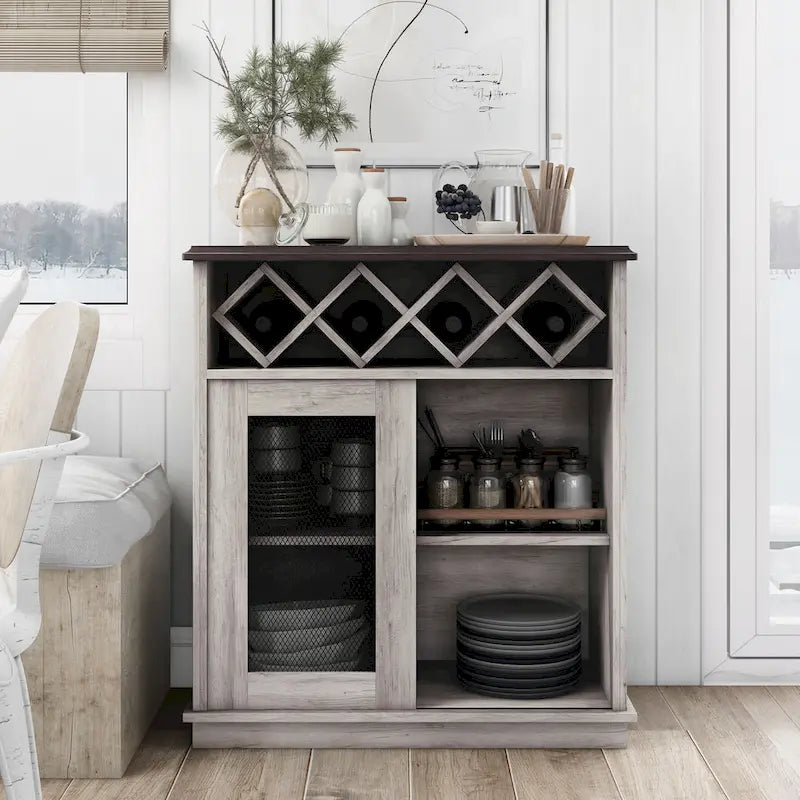 Farmhouse Four Shelf and Four Bottle Lattice-like Wine Buffet