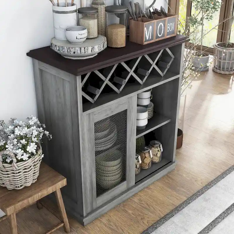 Farmhouse Four Shelf and Four Bottle Lattice-like Wine Buffet