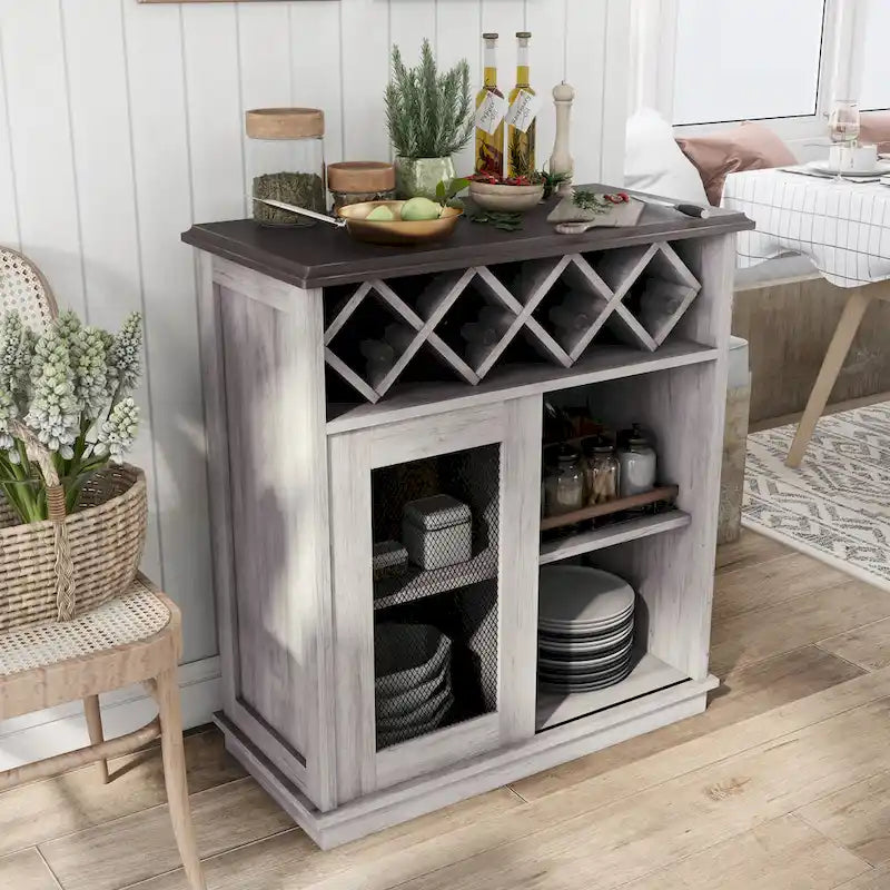 Farmhouse Four Shelf and Four Bottle Lattice-like Wine Buffet