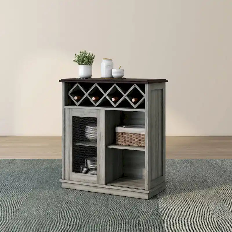 Farmhouse Four Shelf and Four Bottle Lattice-like Wine Buffet