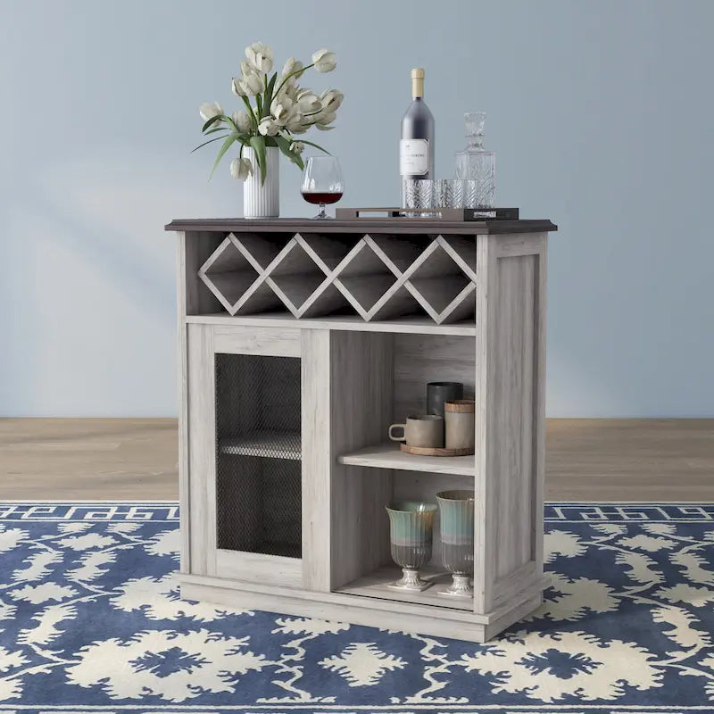 Farmhouse Four Shelf and Four Bottle Lattice-like Wine Buffet