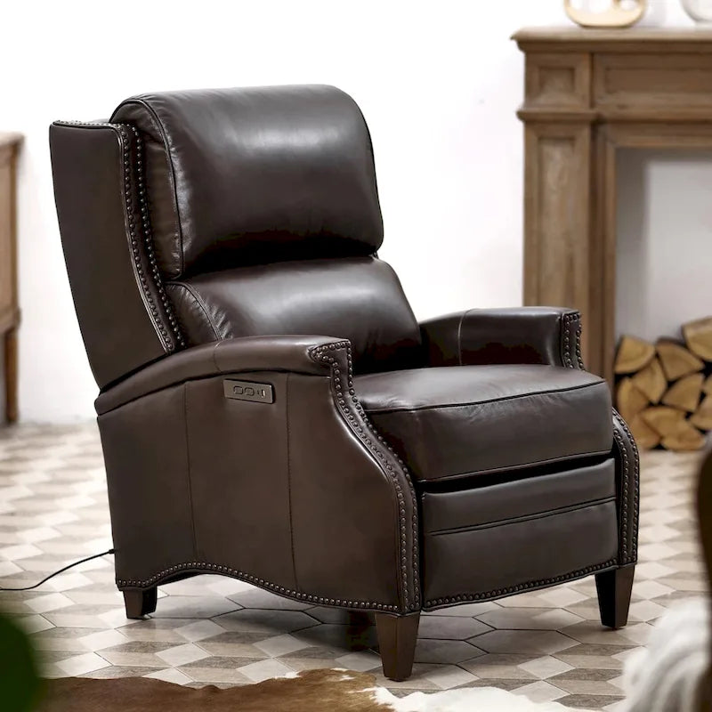 Genuine Leather Power Recliner with Adjustable Headrest and USB Port
