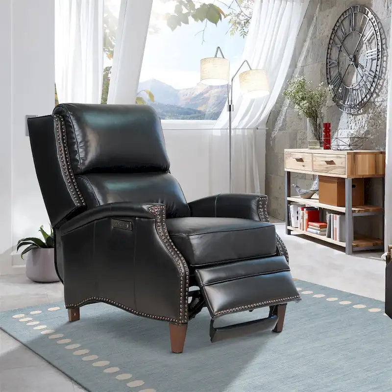 Genuine Leather Power Recliner with Adjustable Headrest and USB Port