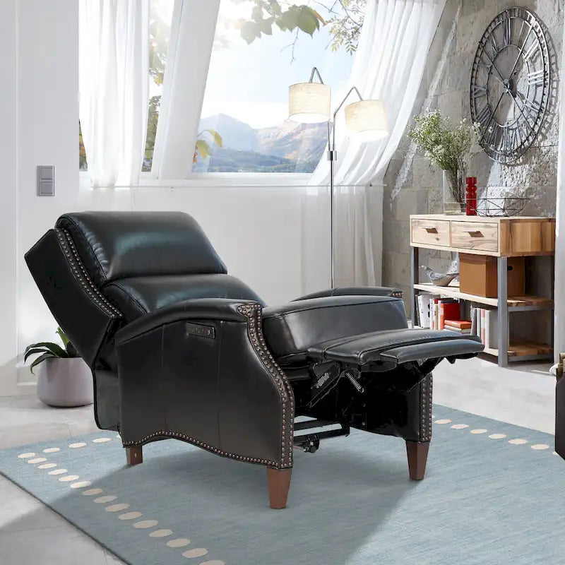 Genuine Leather Power Recliner with Adjustable Headrest and USB Port