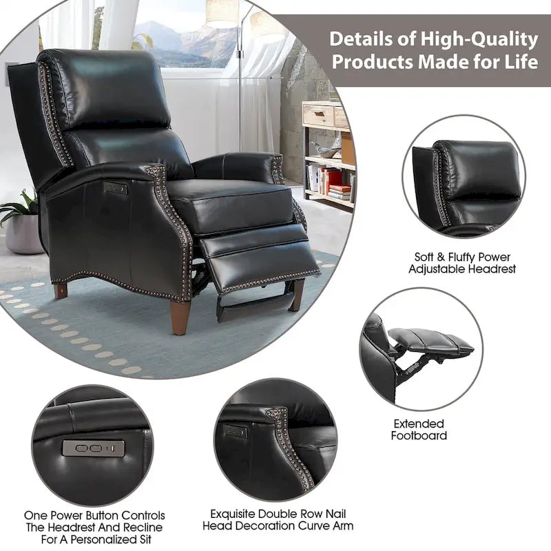 Genuine Leather Power Recliner with Adjustable Headrest and USB Port