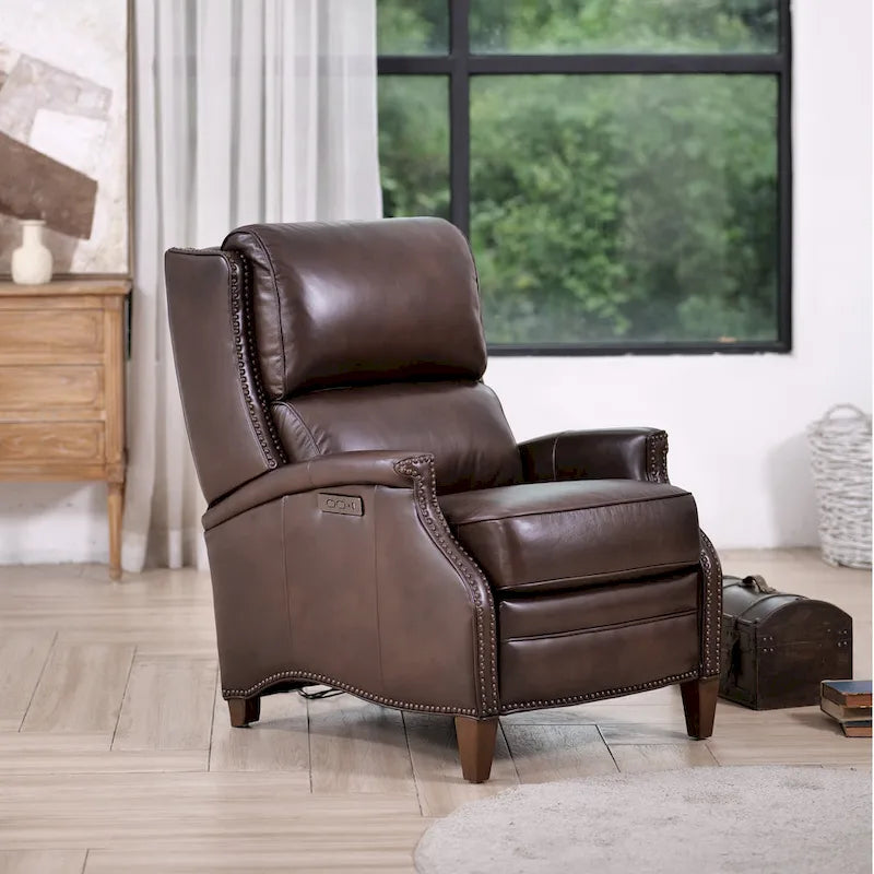 Genuine Leather Power Recliner with Adjustable Headrest and USB Port