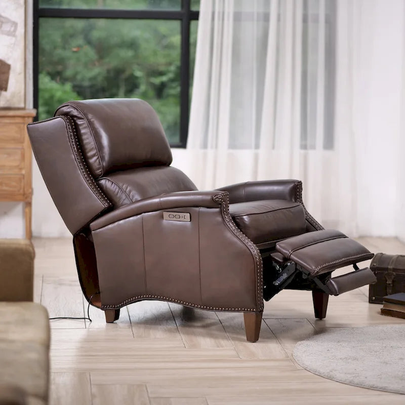 Genuine Leather Power Recliner with Adjustable Headrest and USB Port