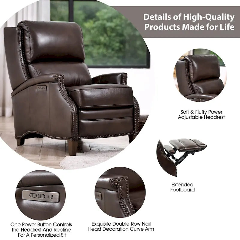 Genuine Leather Power Recliner with Adjustable Headrest and USB Port