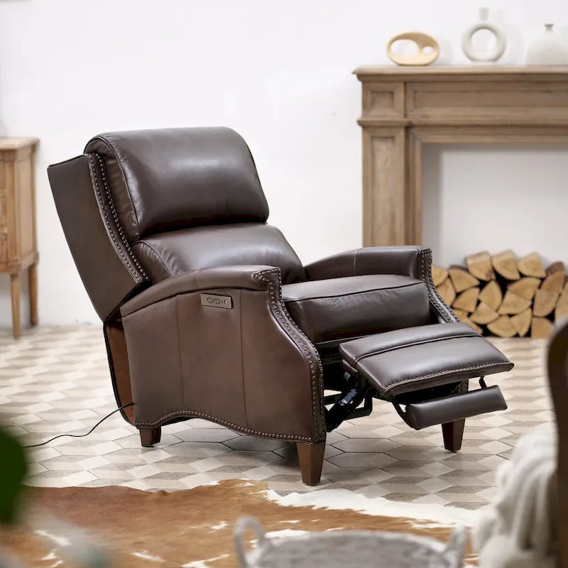 Genuine Leather Power Recliner with Adjustable Headrest and USB Port