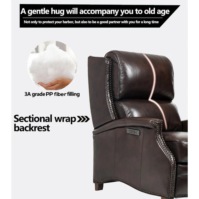 Genuine Leather Power Recliner with Adjustable Headrest and USB Port