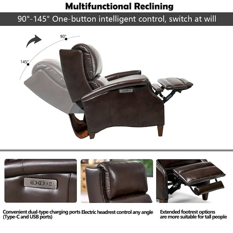 Genuine Leather Power Recliner with Adjustable Headrest and USB Port